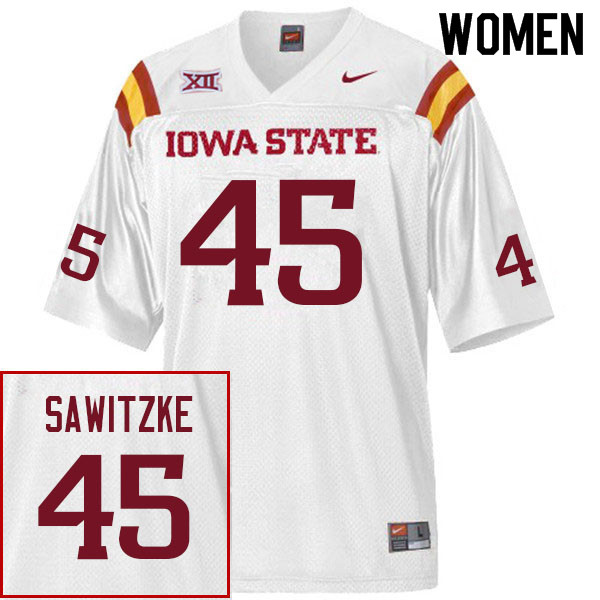 Women #45 Kevin Sawitzke Iowa State Cyclones College Football Jerseys Sale-White - Click Image to Close